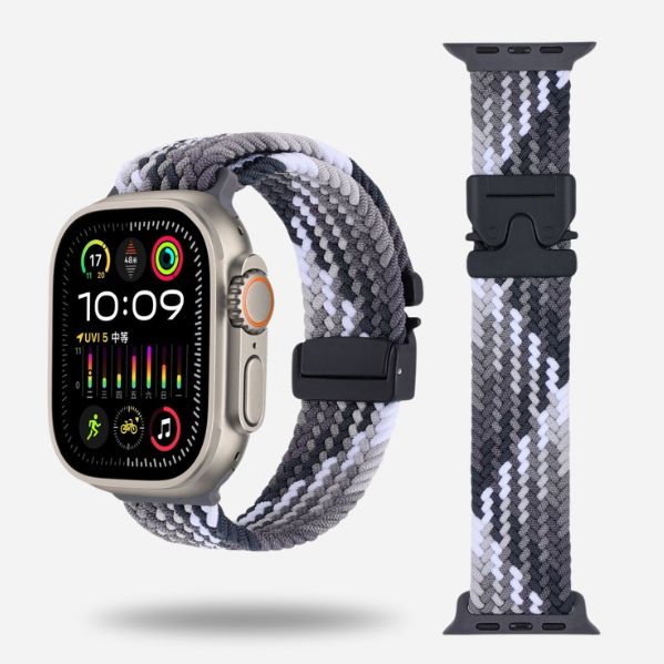 Black & white woven elastic strap for Apple Watch with black clasp